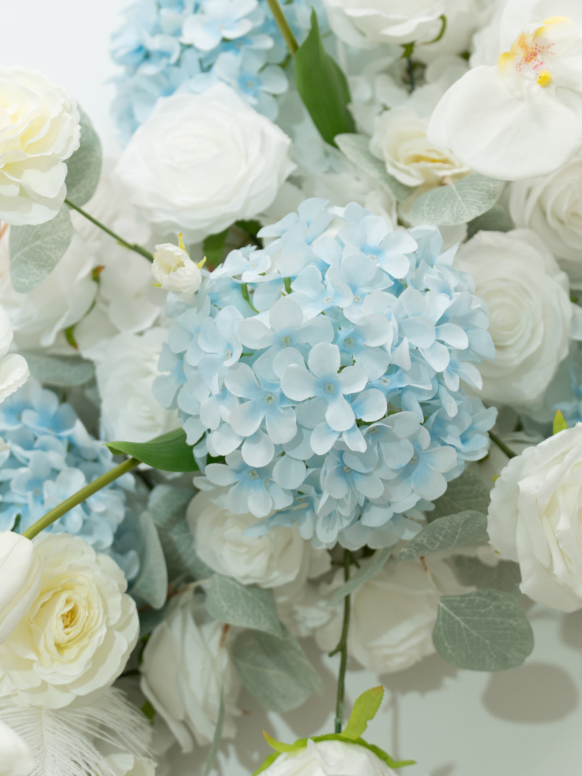8′10″ Blue Hydrangea, Tulips &amp; Ranunculus Long Table Centerpiece for Wedding Reception and Tablescape Decor in Baby Blue &amp; Ivory | Serena