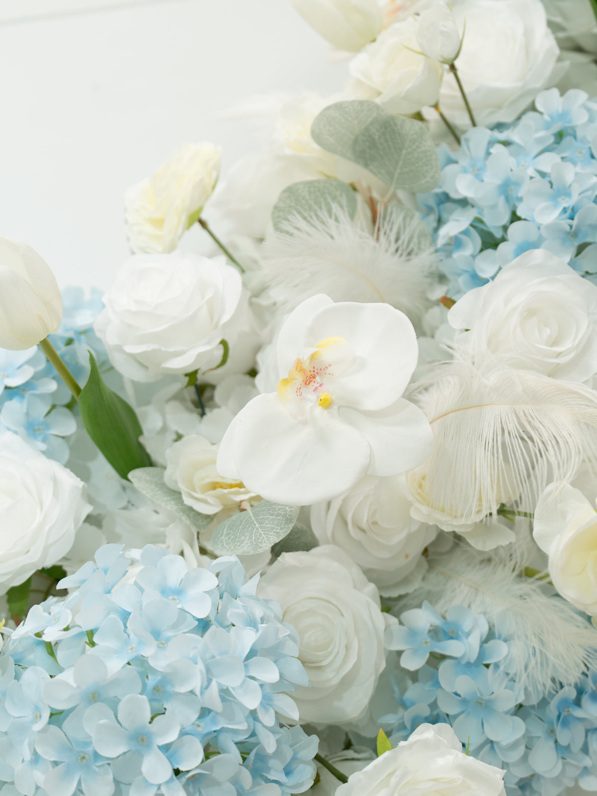 8′10″ Blue Hydrangea, Tulips &amp; Ranunculus Long Table Centerpiece for Wedding Reception and Tablescape Decor in Baby Blue &amp; Ivory | Serena