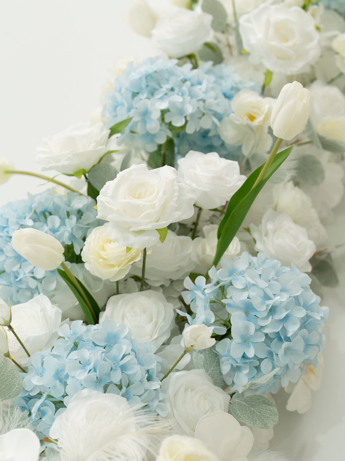 8′10″ Blue Hydrangea, Tulips &amp; Ranunculus Long Table Centerpiece for Wedding Reception and Tablescape Decor in Baby Blue &amp; Ivory | Serena