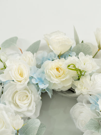 23.6 inch Elegant Ranunculus, Hydrangea, Tulips &amp; Feathers Wreath for Wedding or Home Door Decor in Baby Blue &amp; Ivory | Serena