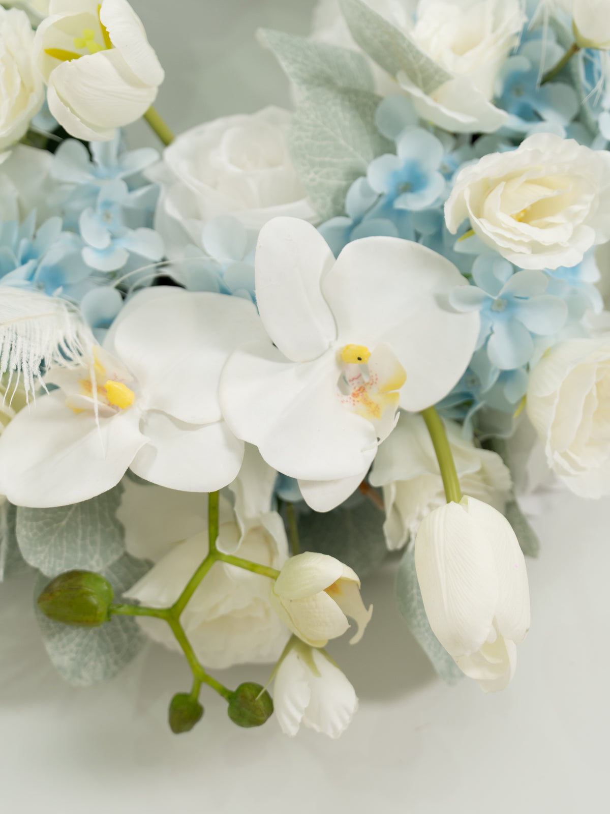 23.6 inch Elegant Ranunculus, Hydrangea, Tulips &amp; Feathers Wreath for Wedding or Home Door Decor in Baby Blue &amp; Ivory | Serena