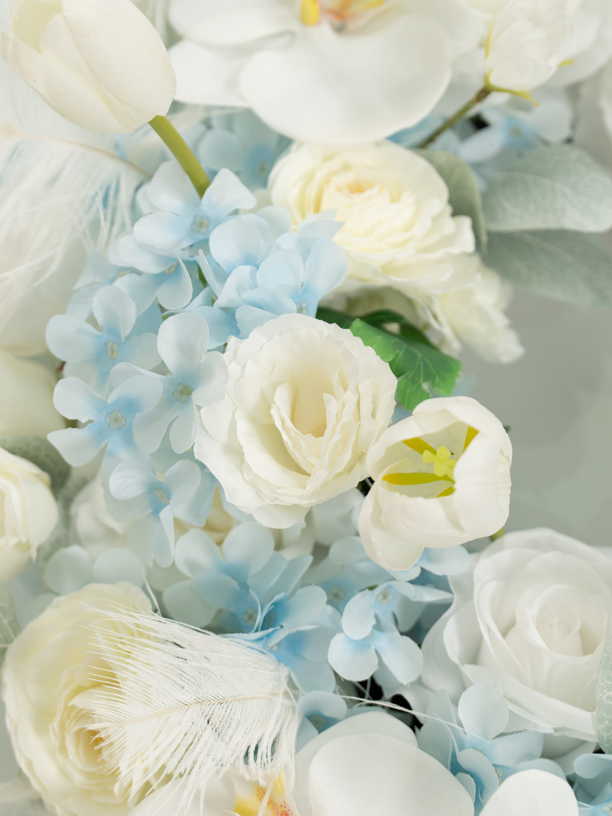 23.6 inch Elegant Ranunculus, Hydrangea, Tulips &amp; Feathers Wreath for Wedding or Home Door Decor in Baby Blue &amp; Ivory | Serena