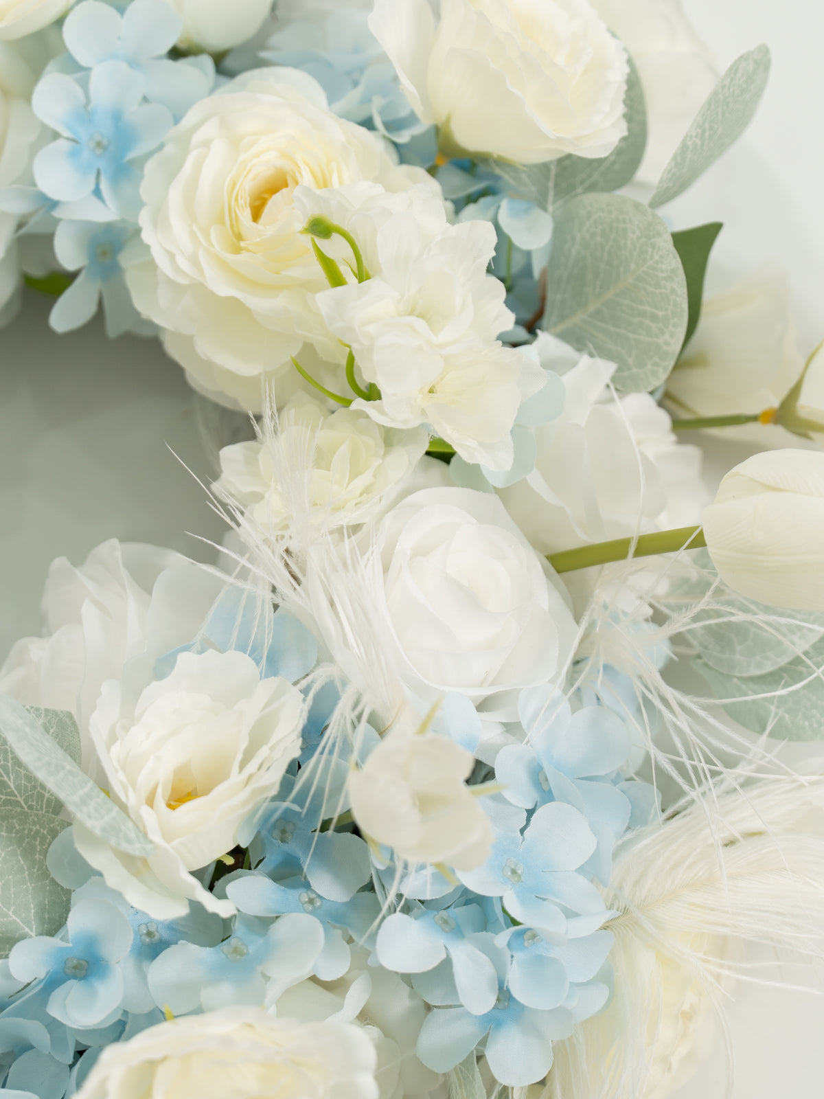 23.6 inch Elegant Ranunculus, Hydrangea, Tulips &amp; Feathers Wreath for Wedding or Home Door Decor in Baby Blue &amp; Ivory | Serena