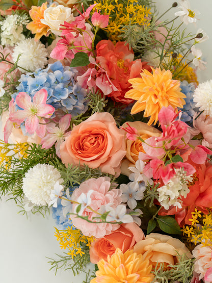 8′10″ Lush Dahlias, Roses, Garden Roses &amp; Hydrangeas Long Table Centerpiece for Wedding Reception and Table Decor in Coral &amp; Pink | Grace