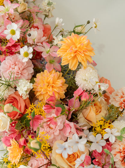 8′10″ Lush Dahlias, Roses, Garden Roses &amp; Hydrangeas Long Table Centerpiece for Wedding Reception and Table Decor in Coral &amp; Pink | Grace