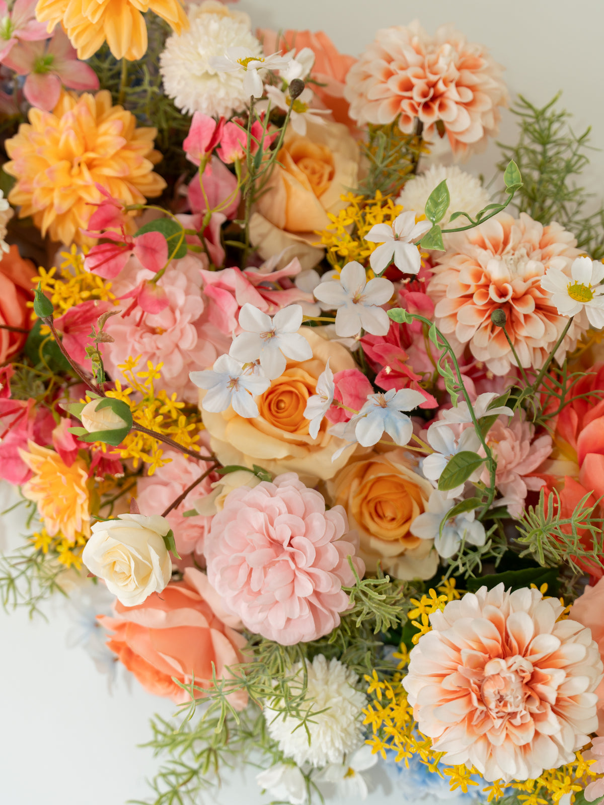 8′10″ Lush Dahlias, Roses, Garden Roses &amp; Hydrangeas Long Table Centerpiece for Wedding Reception and Table Decor in Coral &amp; Pink | Grace