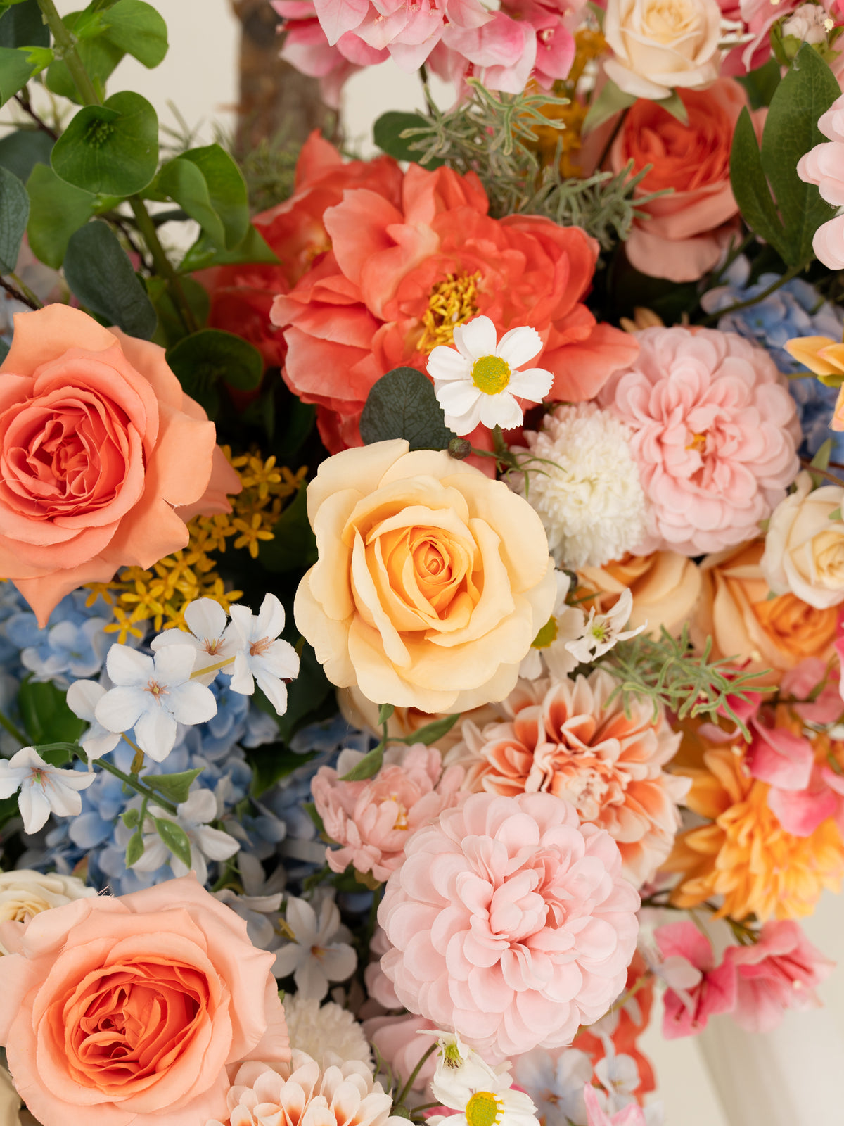 Romantic Bougainvillea, Dahlias, Coral Charm Peonies &amp; Garden Roses Floral Arch with Draping for Wedding Ceremony and Backdrop Decor in Coral &amp; Pink | Grace