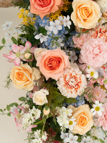 Romantic Bougainvillea, Dahlias, Coral Charm Peonies &amp; Garden Roses Floral Arch with Draping for Wedding Ceremony and Backdrop Decor in Coral &amp; Pink | Grace