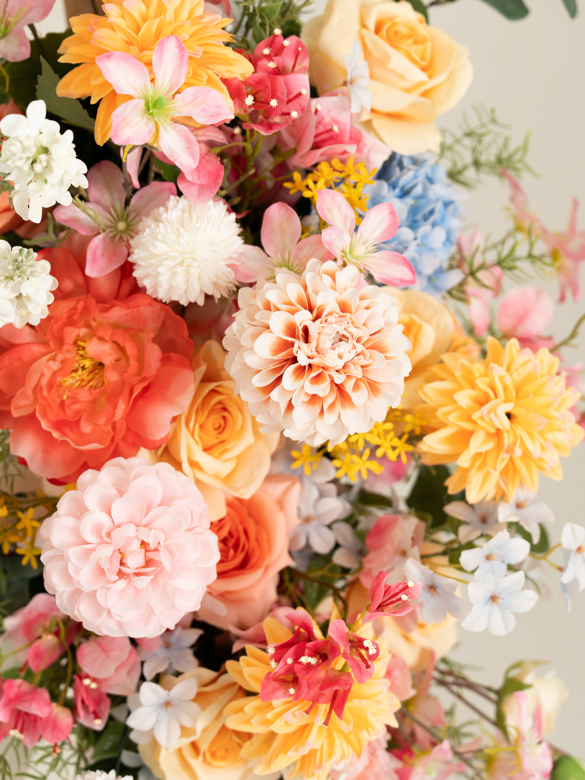 Romantic Bougainvillea, Dahlias, Coral Charm Peonies &amp; Garden Roses Floral Arch with Draping for Wedding Ceremony and Backdrop Decor in Coral &amp; Pink | Grace