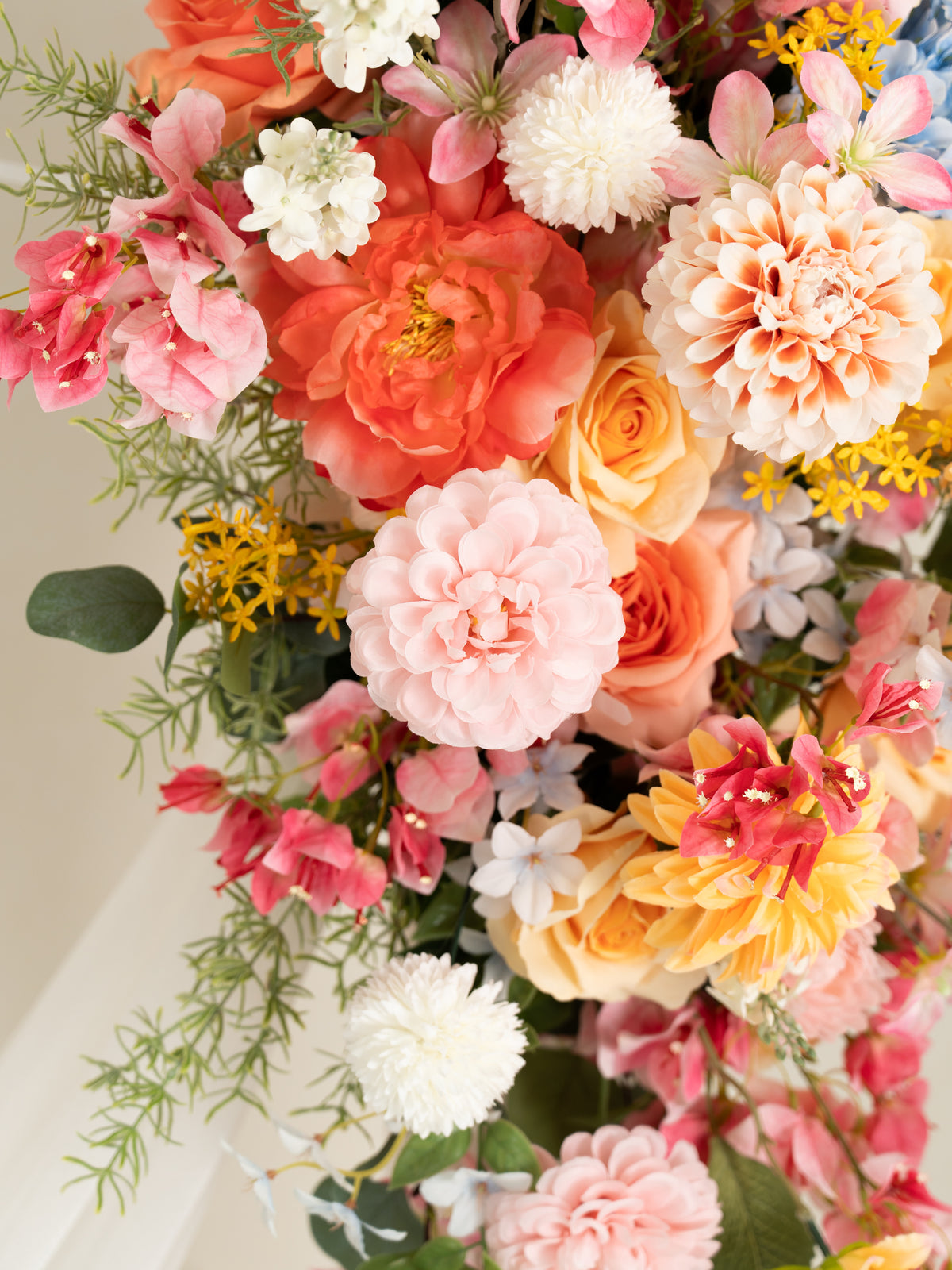 Romantic Bougainvillea, Dahlias, Coral Charm Peonies &amp; Garden Roses Floral Arch with Draping for Wedding Ceremony and Backdrop Decor in Coral &amp; Pink | Grace