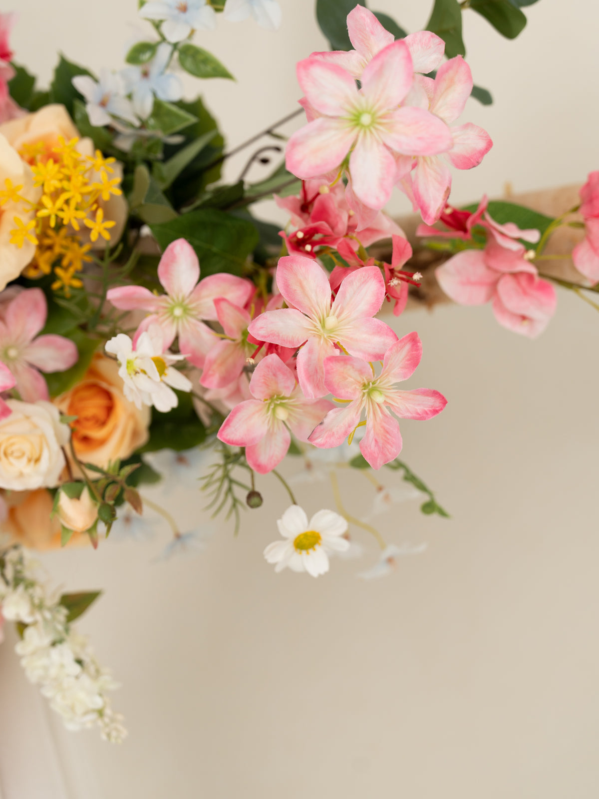 Romantic Bougainvillea, Dahlias, Coral Charm Peonies &amp; Garden Roses Floral Arch with Draping for Wedding Ceremony and Backdrop Decor in Coral &amp; Pink | Grace