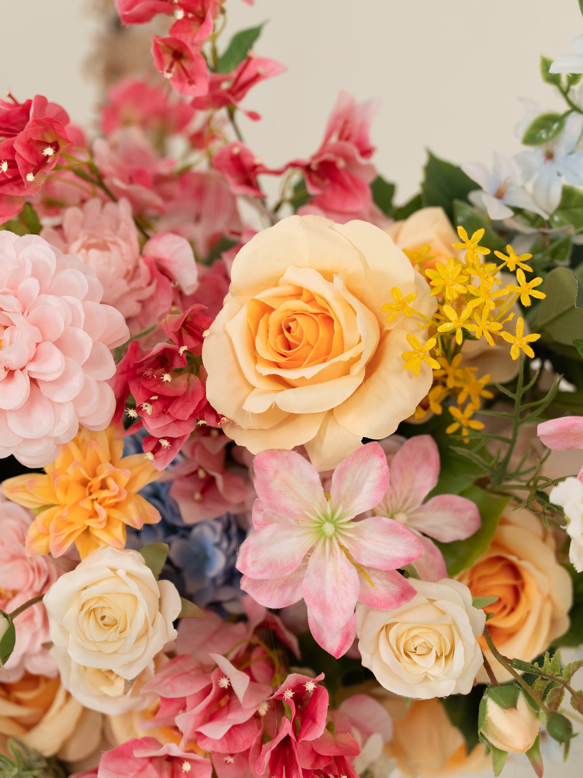 Romantic Bougainvillea, Dahlias, Coral Charm Peonies &amp; Garden Roses Floral Arch with Draping for Wedding Ceremony and Backdrop Decor in Coral &amp; Pink | Grace