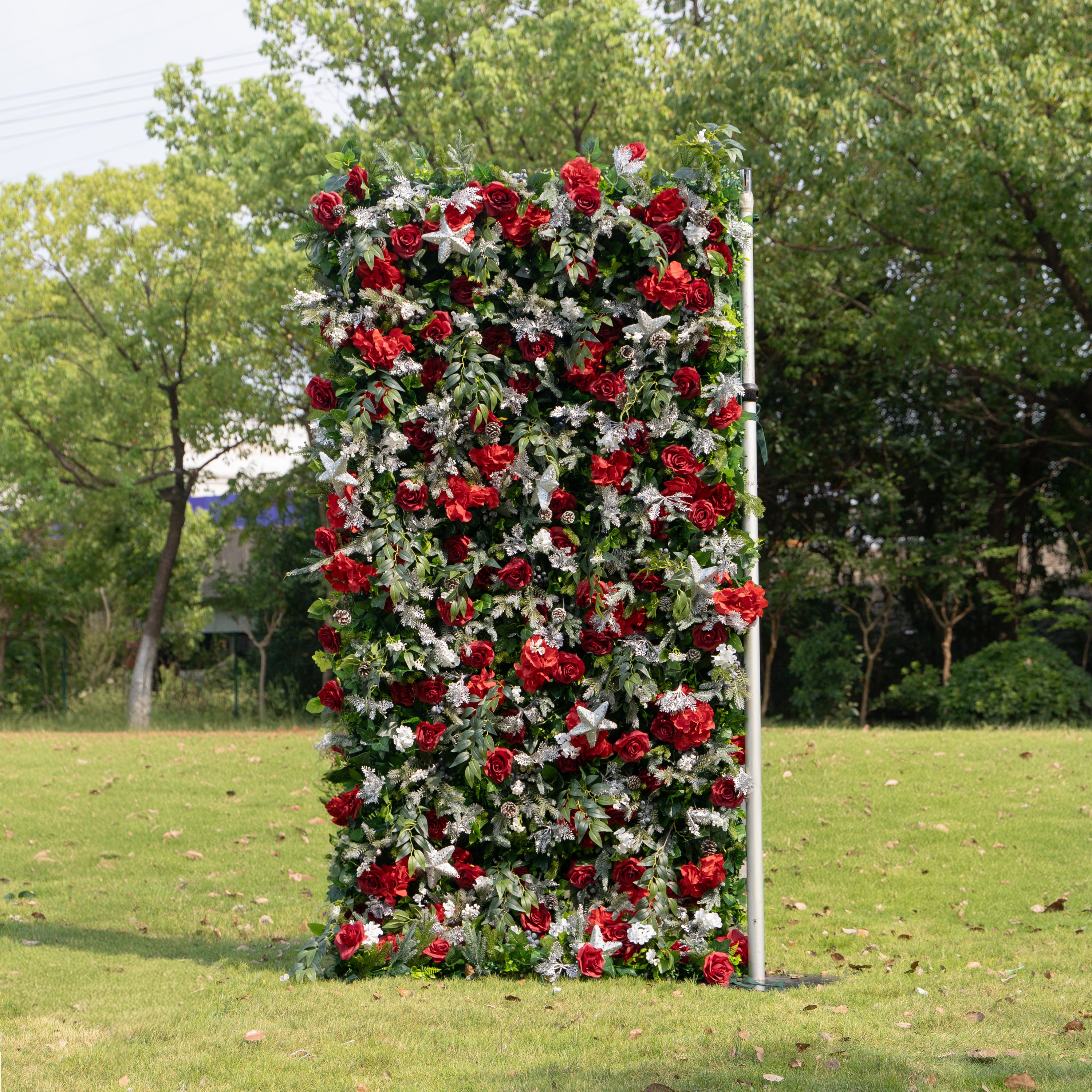 MC-B: Christmas Fabric Backdrop Artificial rolling up flower wall 4*8ft+Xmas Loose Flowers+ 1 Flower Wall Stand Rose Morning