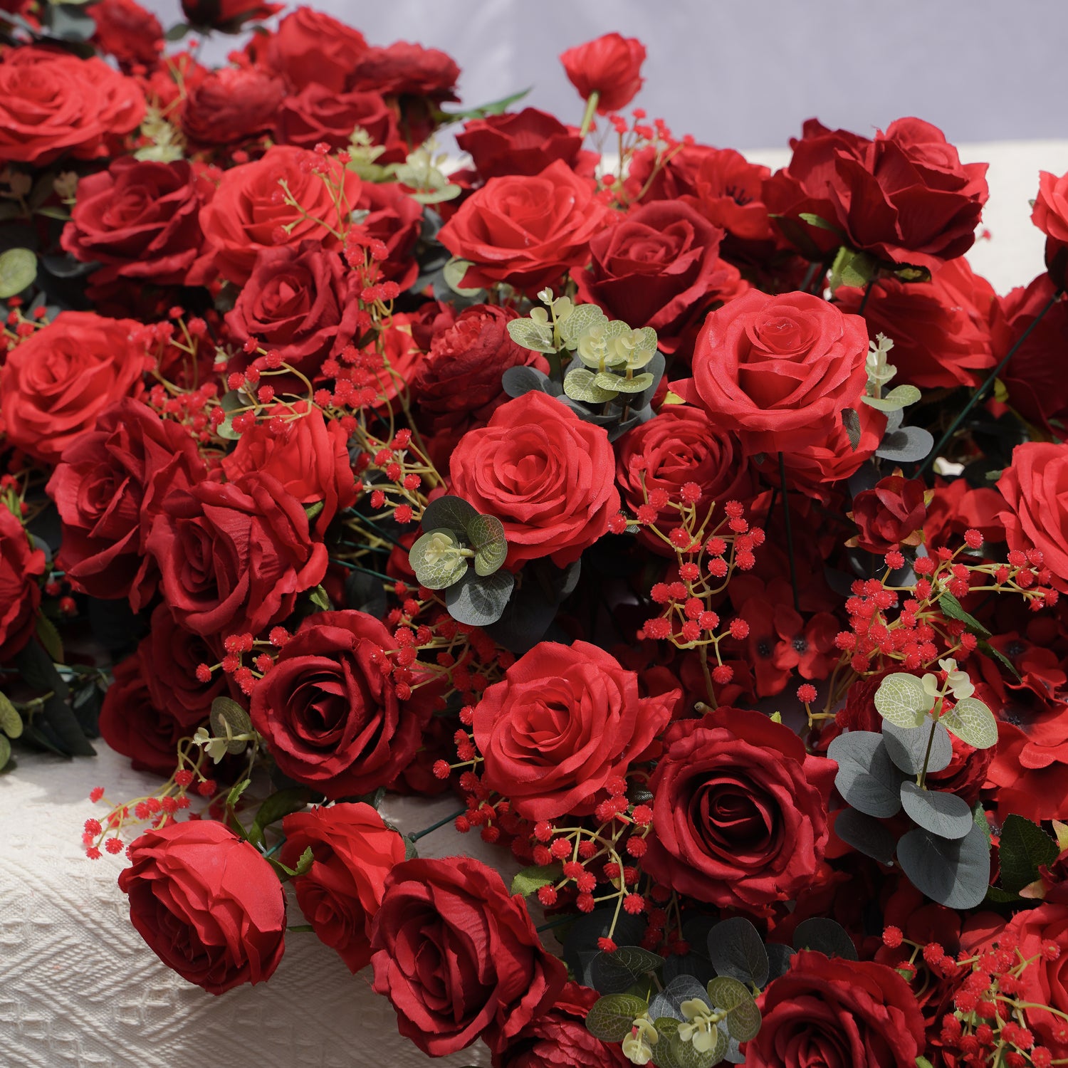 Sorrel: Red Calla Wedding Background Arch KT Backdrop +Red Lucia Flower Runner
