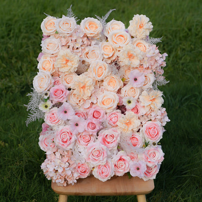 This is a photo of a rose morning danilia wall. The flower wall is made of 5D fabric, hand rolled and measures 8ft x 8ft. The flower wall is composed of bright roses, creating a romantic and elegant atmosphere. The flower wall is suitable for various occasions, such as weddings, parties, birthday parties, etc. It is also perfect for decorating your home.