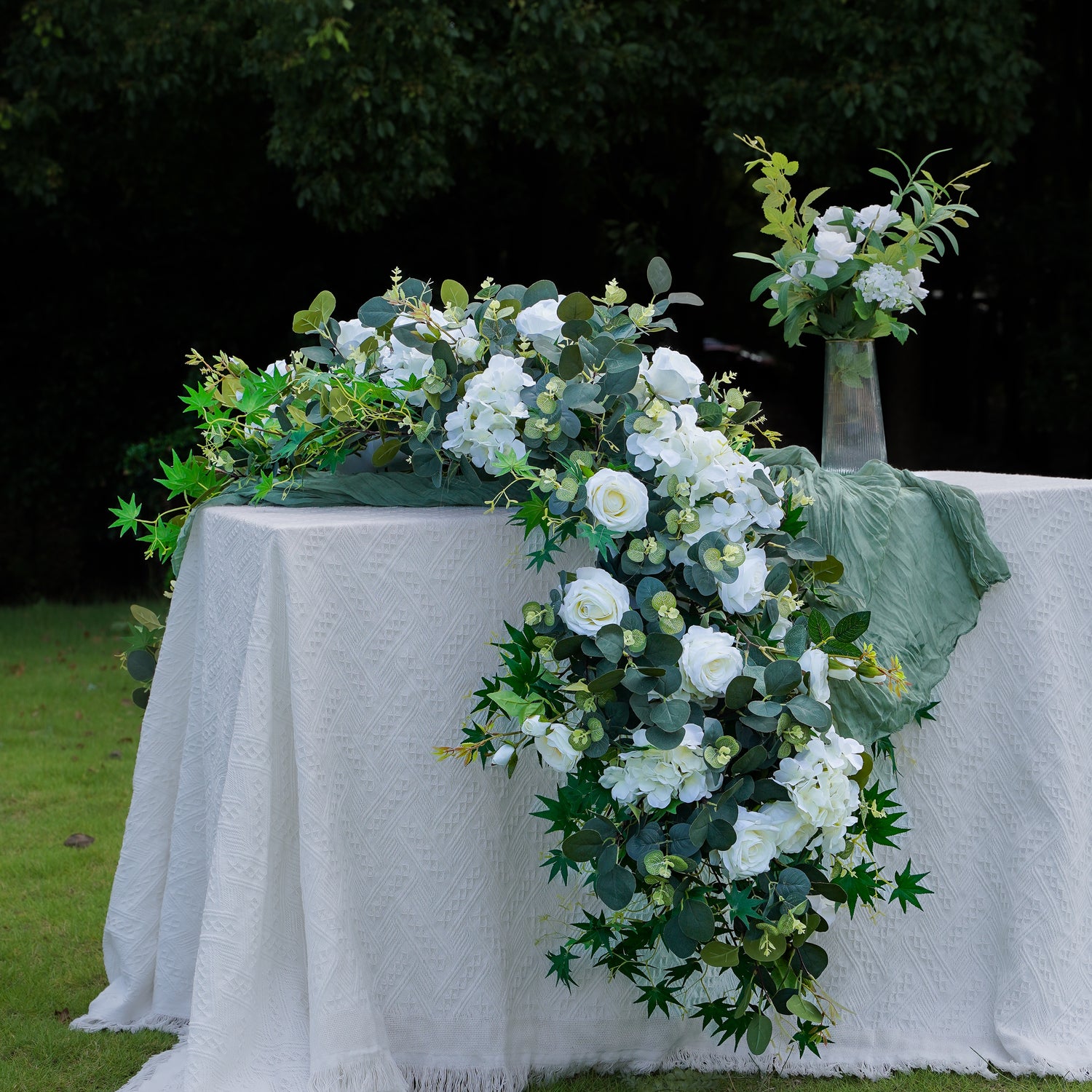Odelia: White Green Rose Calla Lily Wedding Background Arch (Excluding Frame) + Clam Long strip flower Runner
