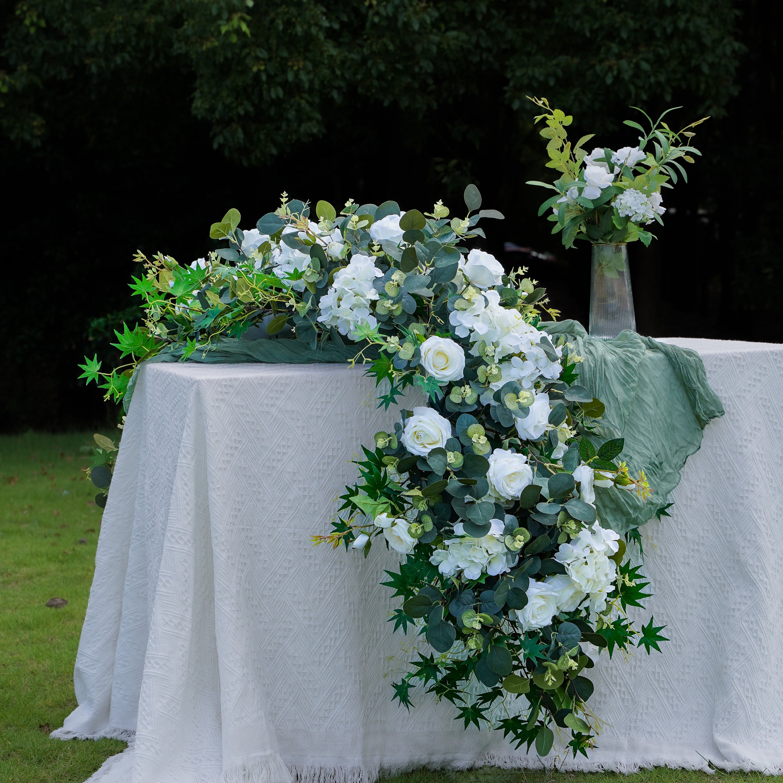 Odelia: White Green Rose Calla Lily Wedding Background Arch (Excluding Frame) + Clam Long strip flower Runner