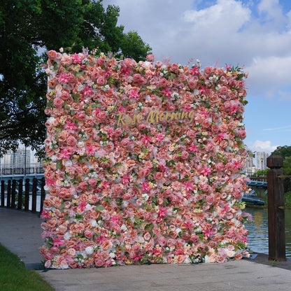 Doris: 3D Fabric Artificial Flower Wall Rolling Up Curtain Flower Wall R796 - 8ft*8ft Rose Morning