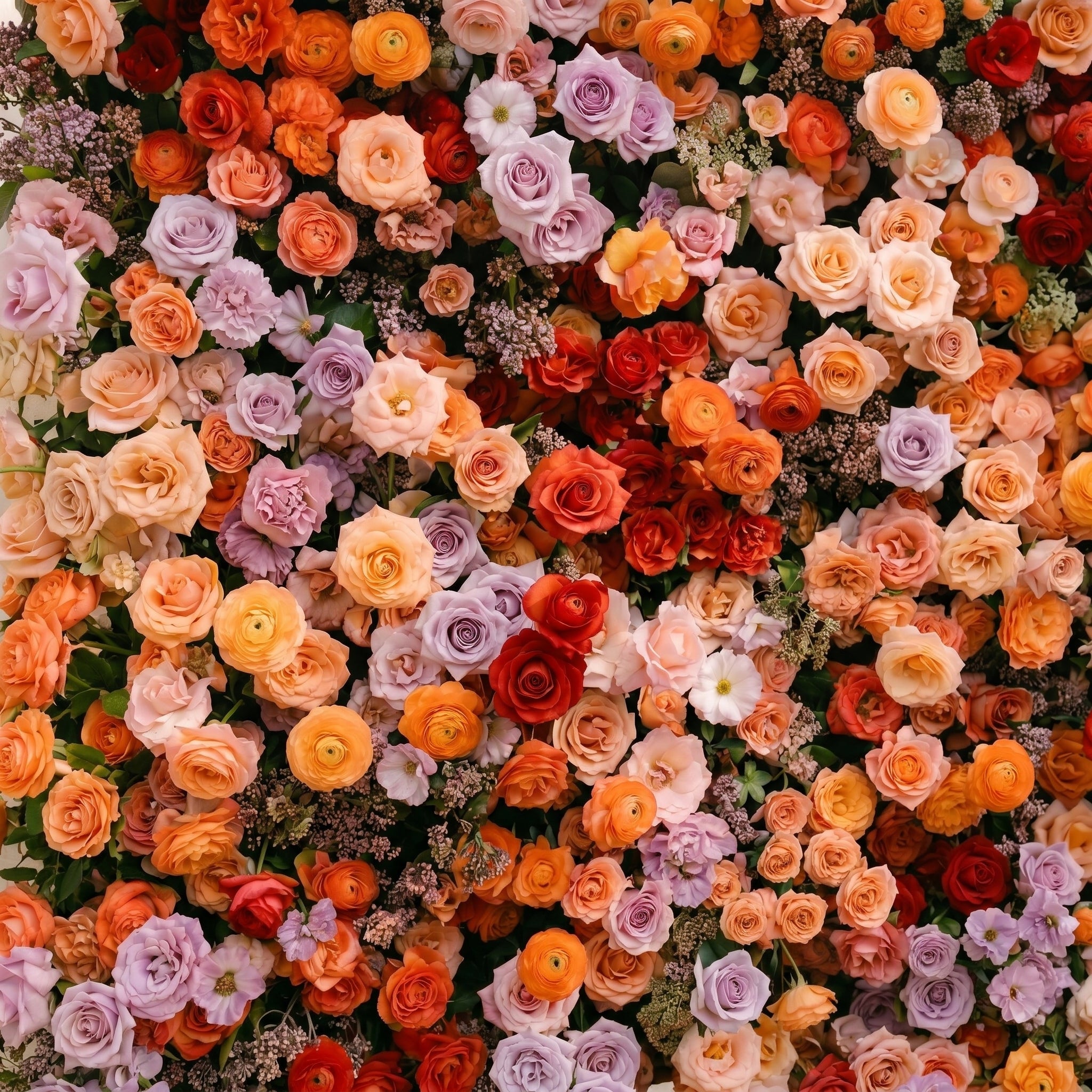 Daelyne: Luxury 5D Sunset Orange &amp; Lavender Silk Floral Wall Roll-Up Fabric Backdrop for Warm Summer Weddings