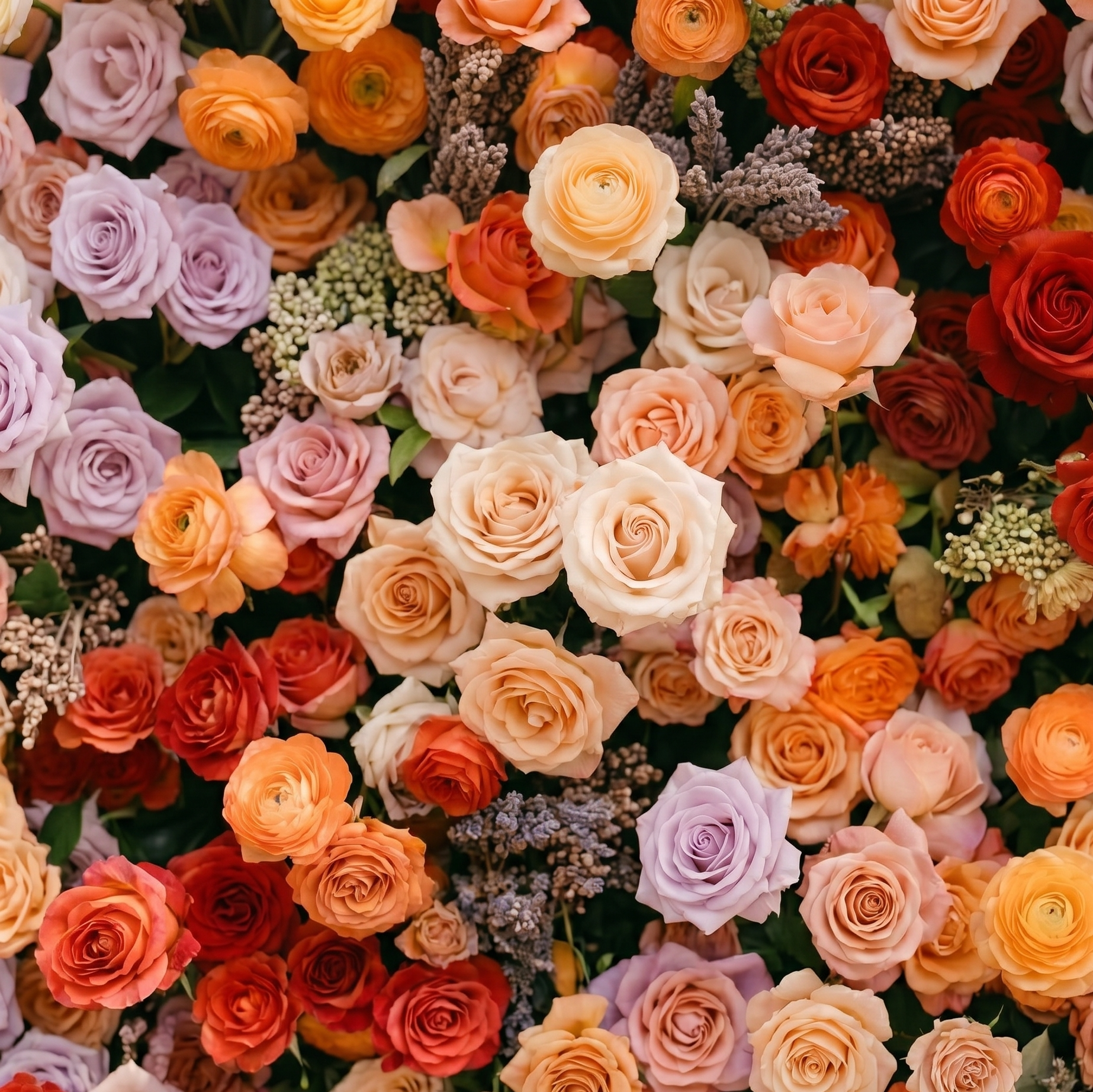 Daelyne: Luxury 5D Sunset Orange &amp; Lavender Silk Floral Wall Roll-Up Fabric Backdrop for Warm Summer Weddings