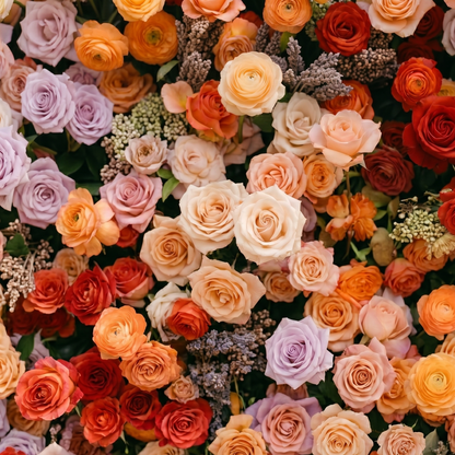 Daelyne: Luxury 5D Sunset Orange &amp; Lavender Silk Floral Wall Roll-Up Fabric Backdrop for Warm Summer Weddings