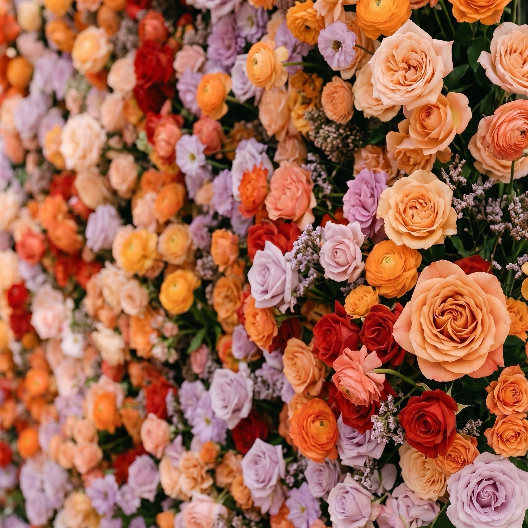 Daelyne: Luxury 5D Sunset Orange &amp; Lavender Silk Floral Wall Roll-Up Fabric Backdrop for Warm Summer Weddings