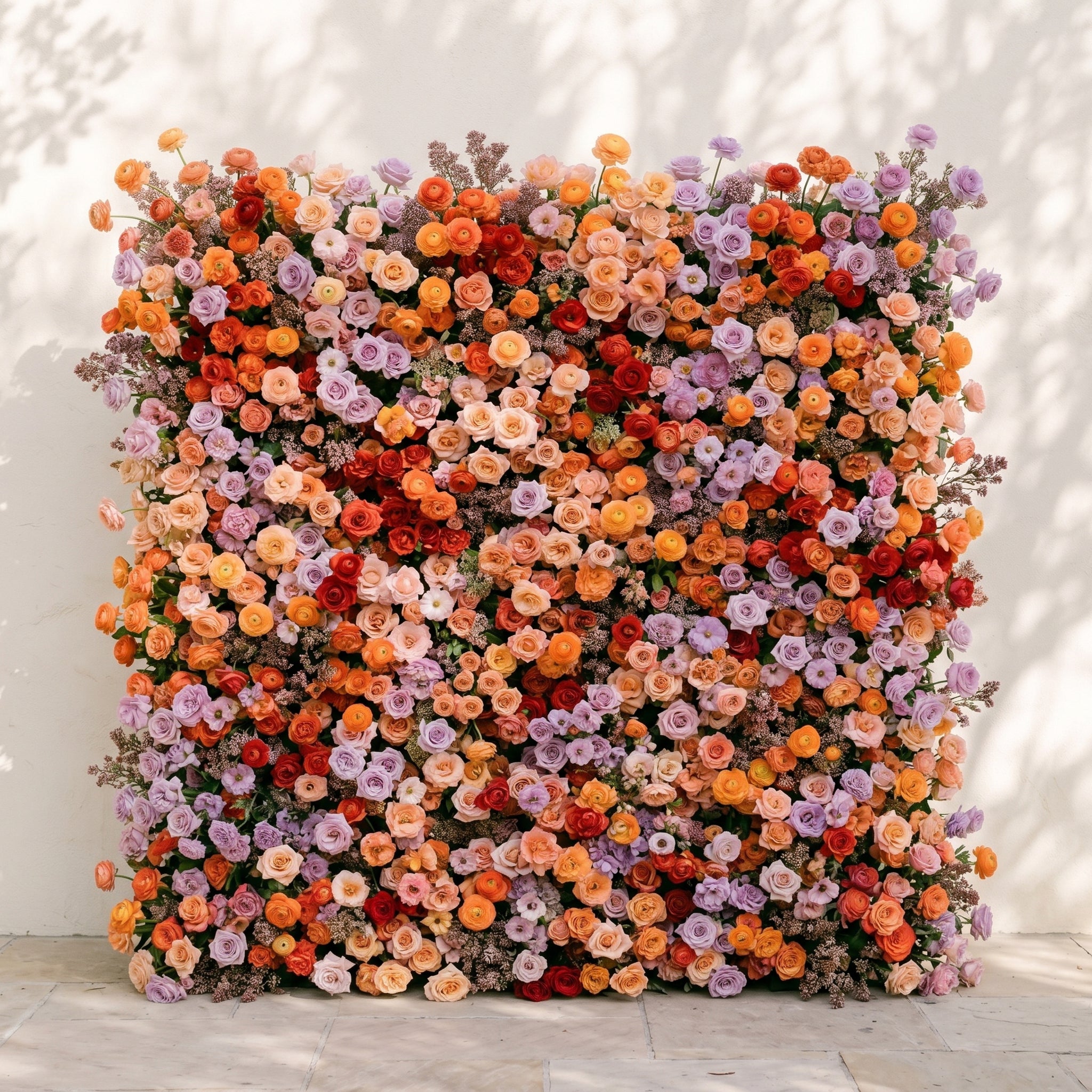 Daelyne: Luxury 5D Sunset Orange &amp; Lavender Silk Floral Wall Roll-Up Fabric Backdrop for Warm Summer Weddings