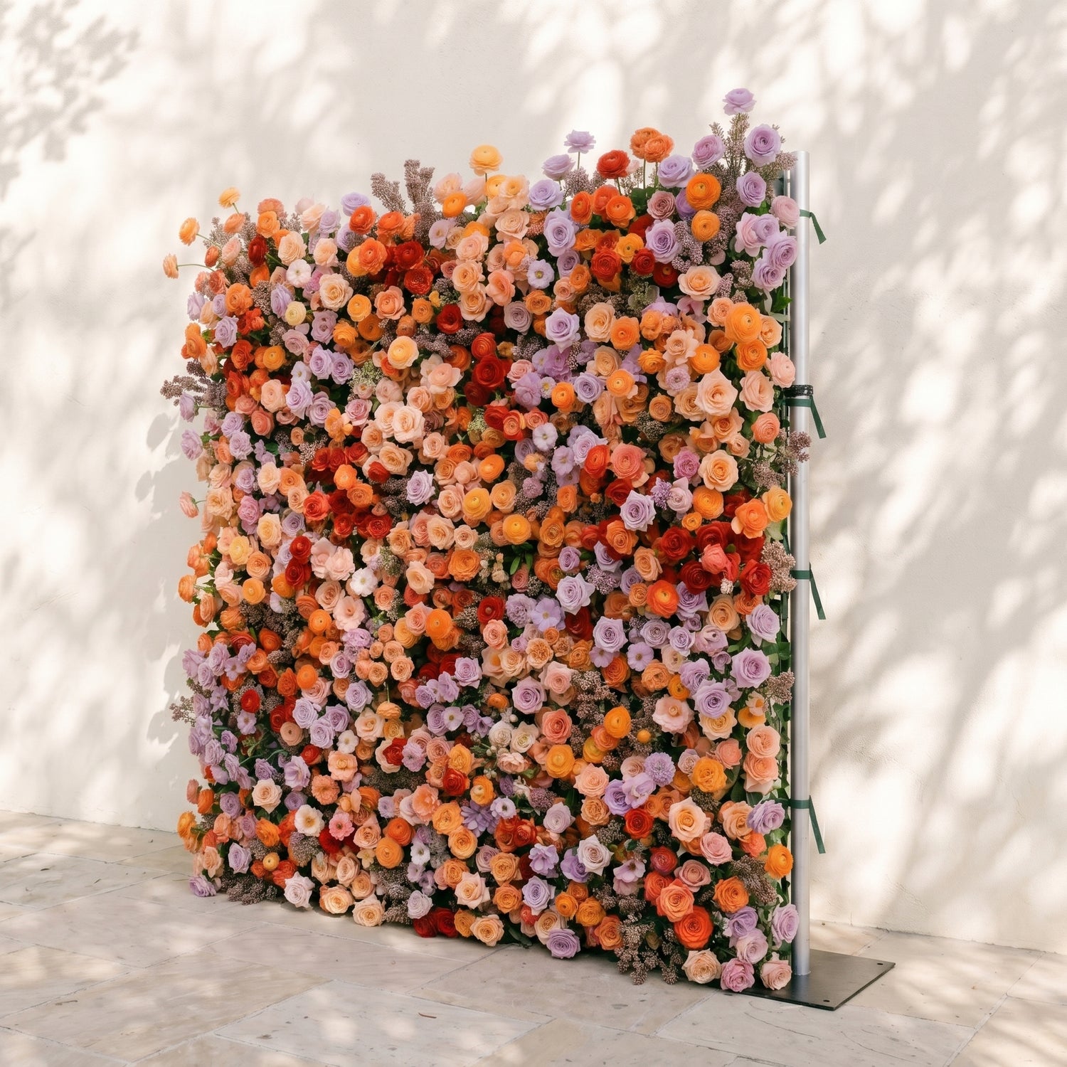 Daelyne: Luxury 5D Sunset Orange &amp; Lavender Silk Floral Wall Roll-Up Fabric Backdrop for Warm Summer Weddings
