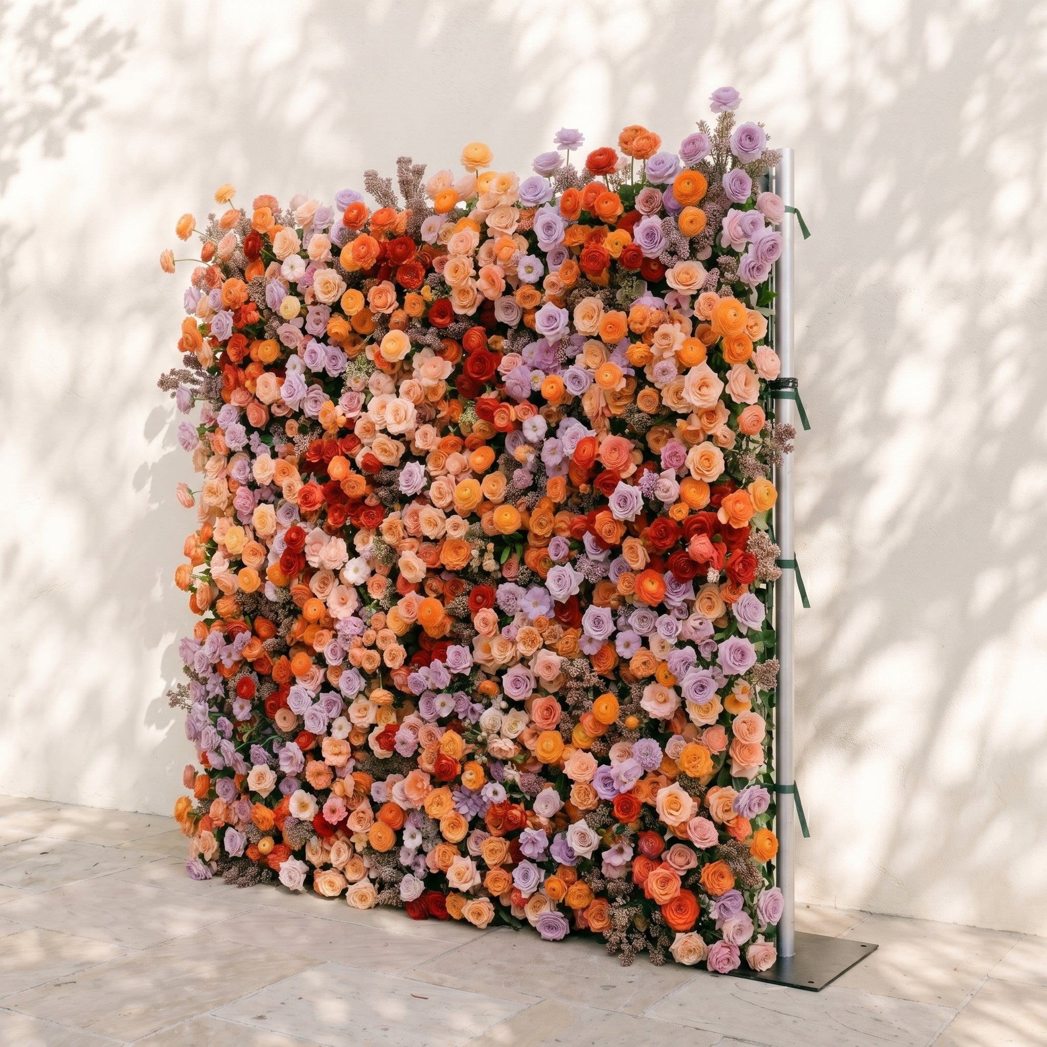 Daelyne: Luxury 5D Sunset Orange &amp; Lavender Silk Floral Wall Roll-Up Fabric Backdrop for Warm Summer Weddings