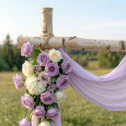 Kiva： Romantic Purple Rose Wedding Arch Flowers Swag with Sheer Drapes Set for Luxury Ceremony Decor