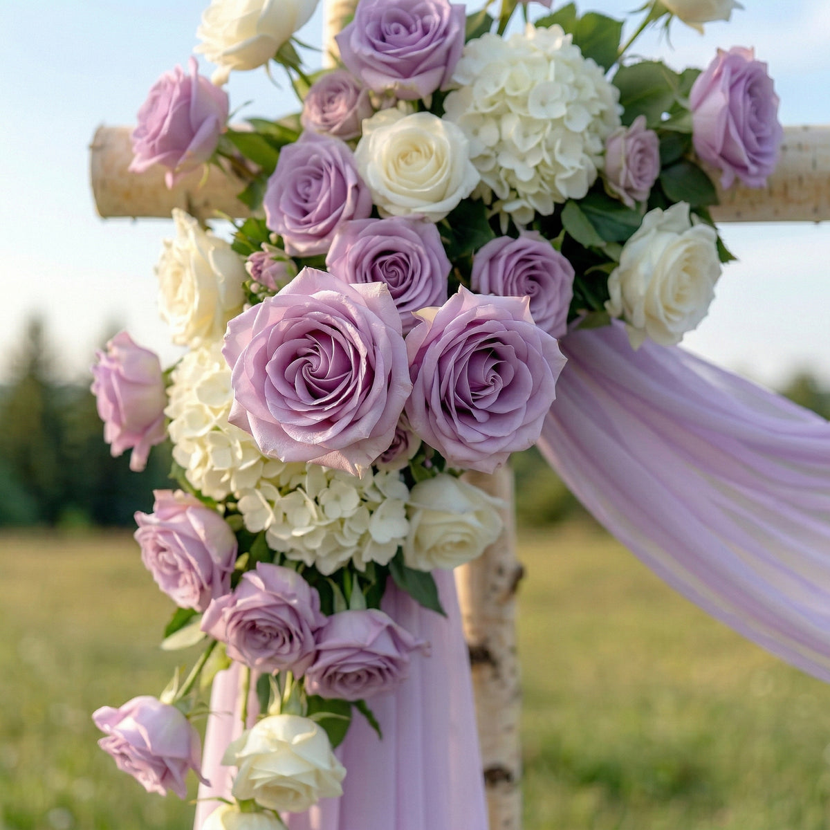 Kiva： Romantic Purple Rose Wedding Arch Flowers Swag with Sheer Drapes Set for Luxury Ceremony Decor