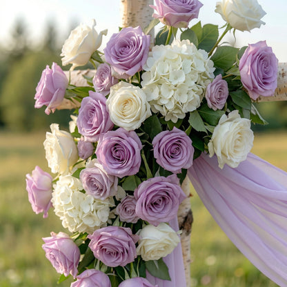 Kiva： Romantic Purple Rose Wedding Arch Flowers Swag with Sheer Drapes Set for Luxury Ceremony Decor