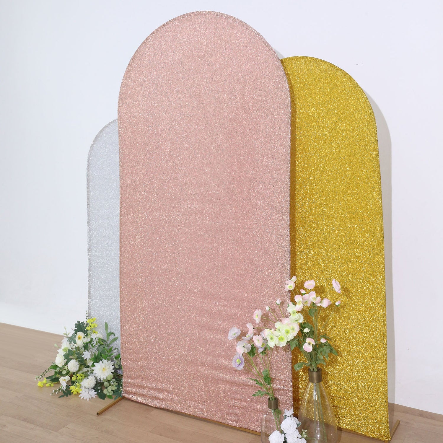 2023 Blush Rose Gold Shimmer Tinsel Fitted Wedding Arch Covers For Rou