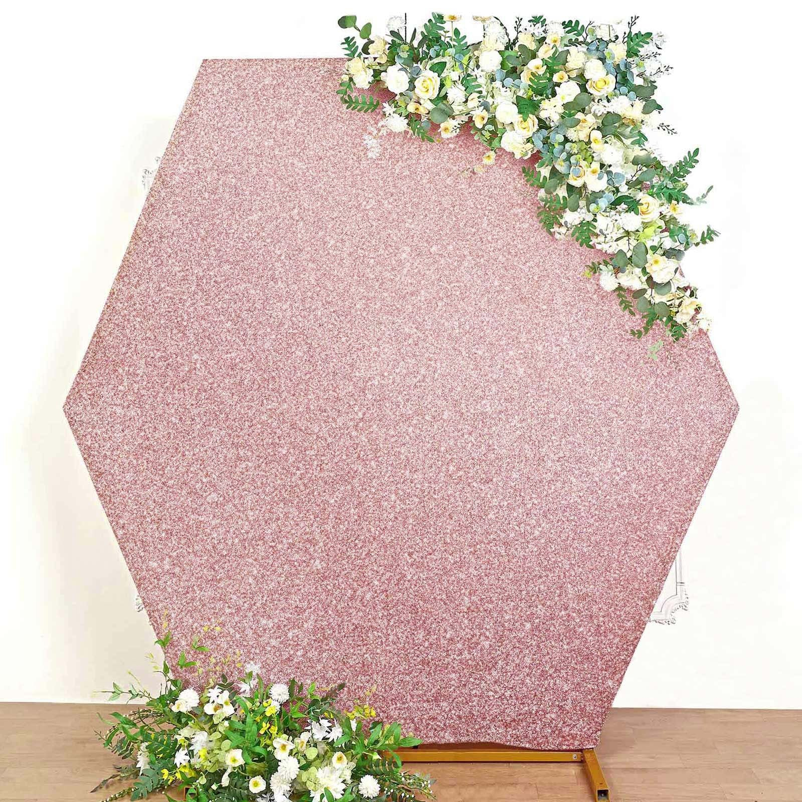 Blush Rose Gold Metallic Shimmer Tinsel Spandex Hexagon Backdrop Stand Cover Rose Morning