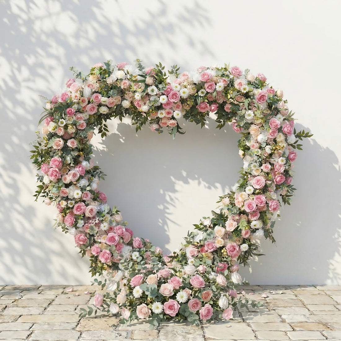 Elowira: Sweet Pink Flower Heart Arch with Lush Greenery for Proposal and Bridal Shower Decor