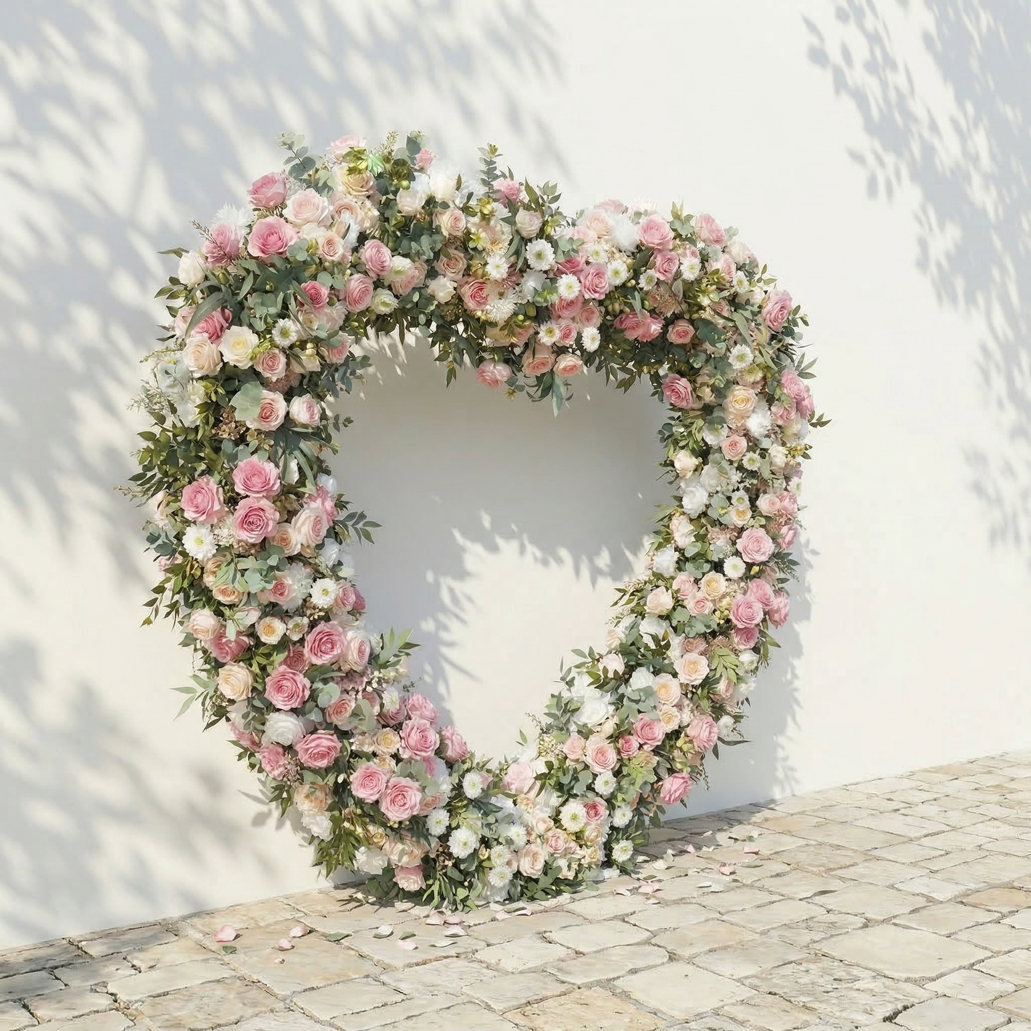 Elowira: Sweet Pink Flower Heart Arch with Lush Greenery for Proposal and Bridal Shower Decor