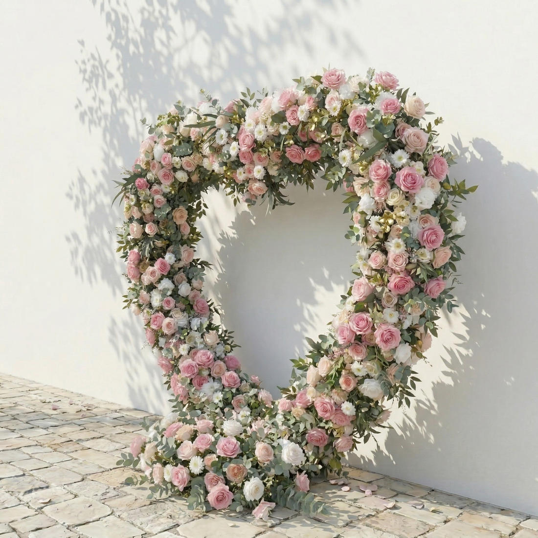 Elowira: Sweet Pink Flower Heart Arch with Lush Greenery for Proposal and Bridal Shower Decor