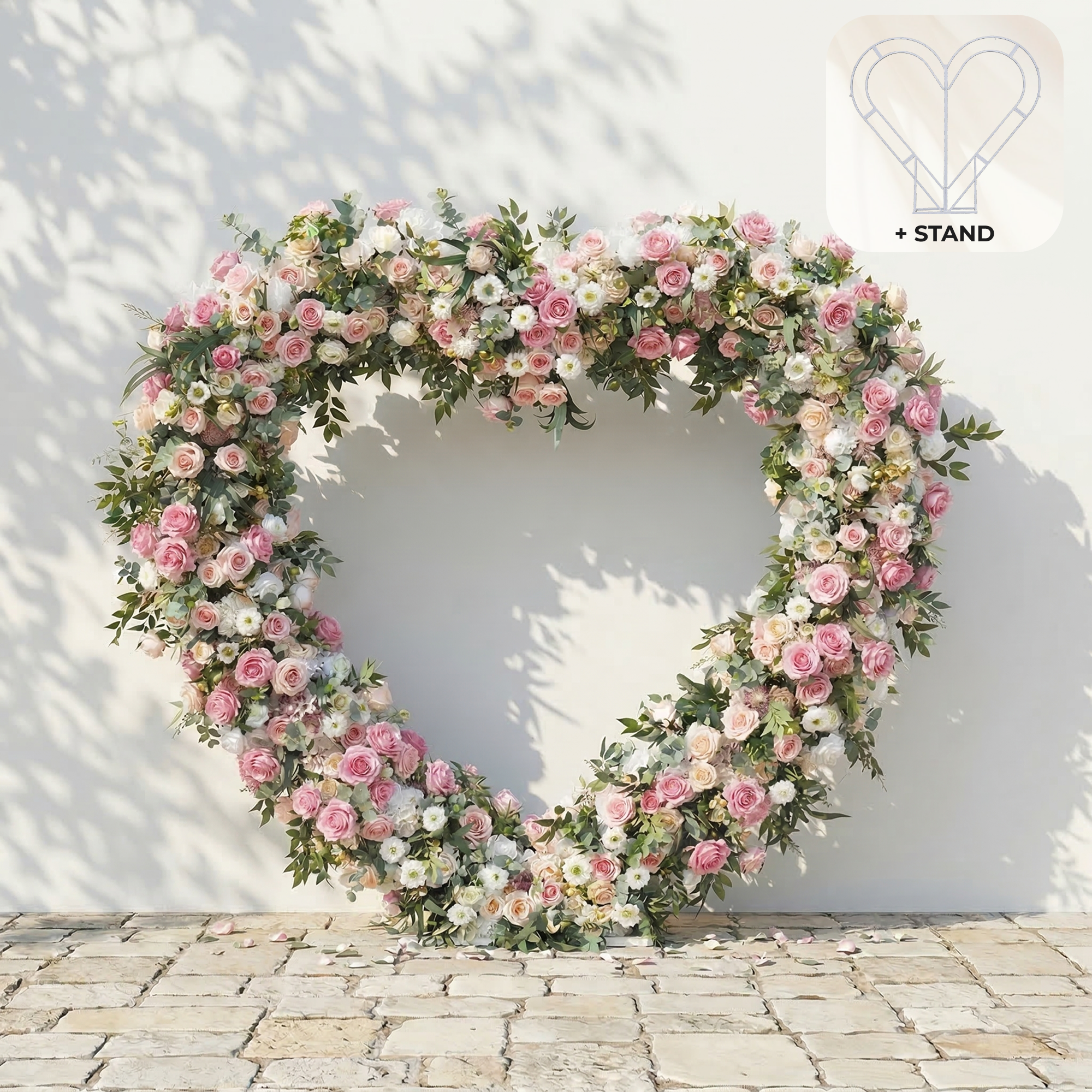 Elowira: Sweet Pink Flower Heart Arch with Lush Greenery for Proposal and Bridal Shower Decor