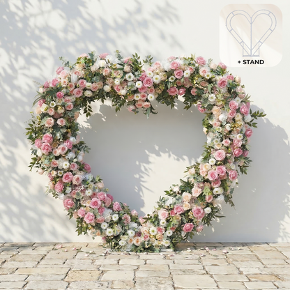 Elowira: Sweet Pink Flower Heart Arch with Lush Greenery for Proposal and Bridal Shower Decor