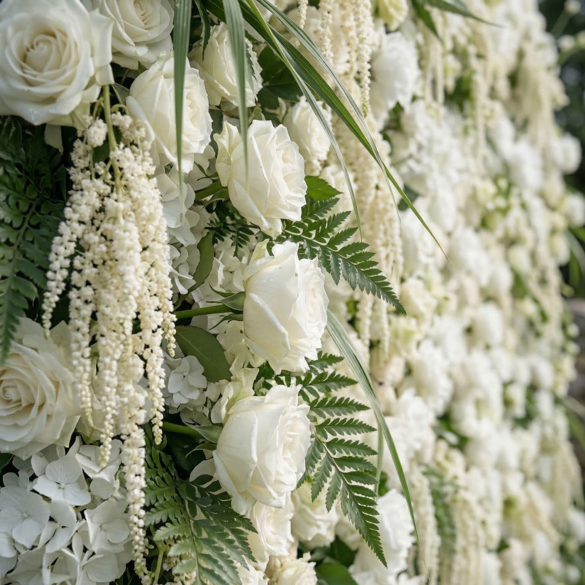 Elunara: 5D White Rose Flower Wall with Drooping Foliage Roll-Up Fabric Backdrop for Luxury Events Decor