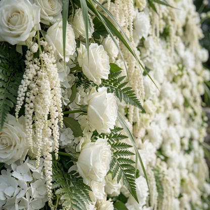 Elunara: 5D White Rose Flower Wall with Drooping Foliage Roll-Up Fabric Backdrop for Luxury Events Decor