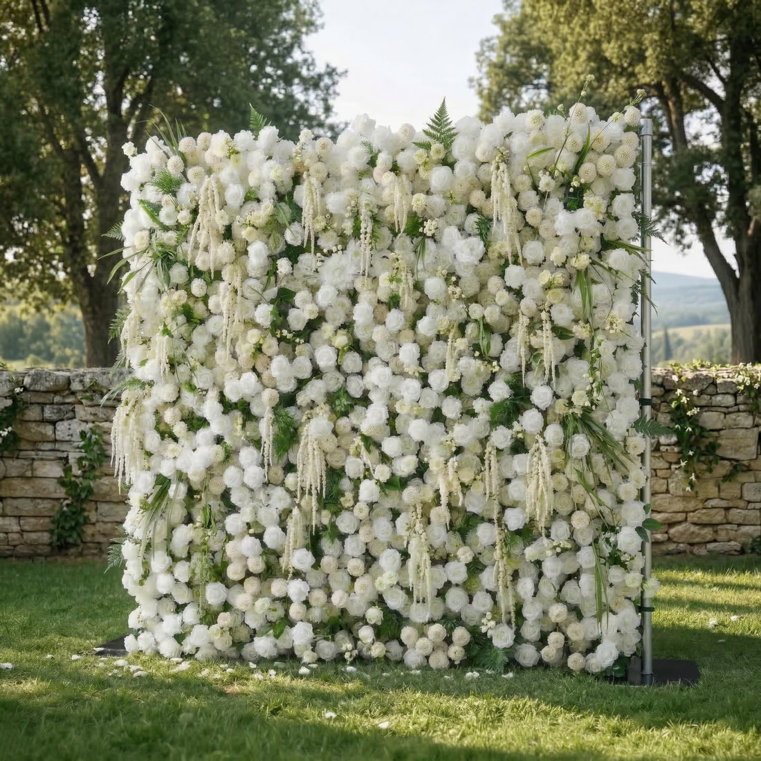 Elunara: 5D White Rose Flower Wall with Drooping Foliage Roll-Up Fabric Backdrop for Luxury Events Decor
