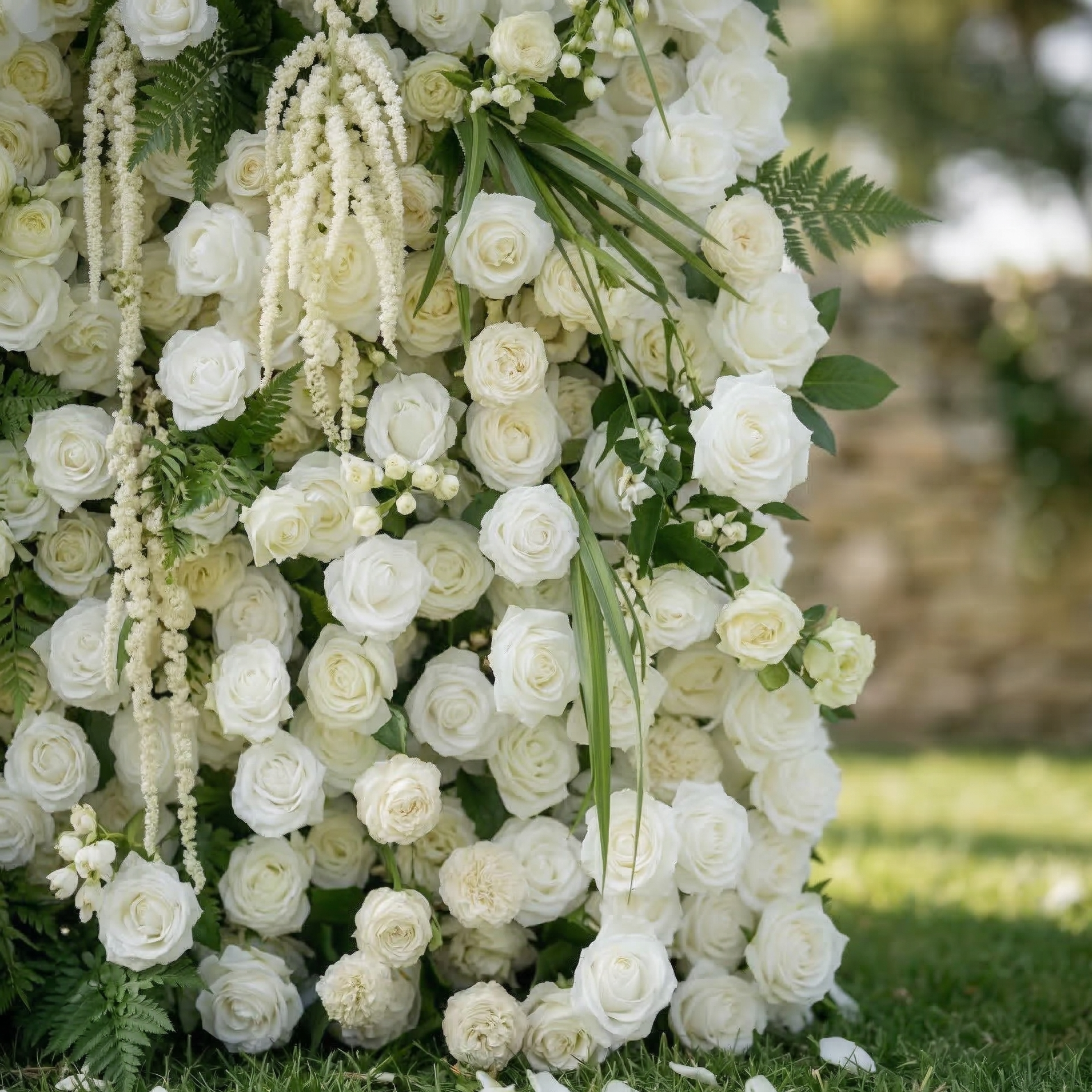 Elunara: 5D White Rose Flower Wall with Drooping Foliage Roll-Up Fabric Backdrop for Luxury Events Decor