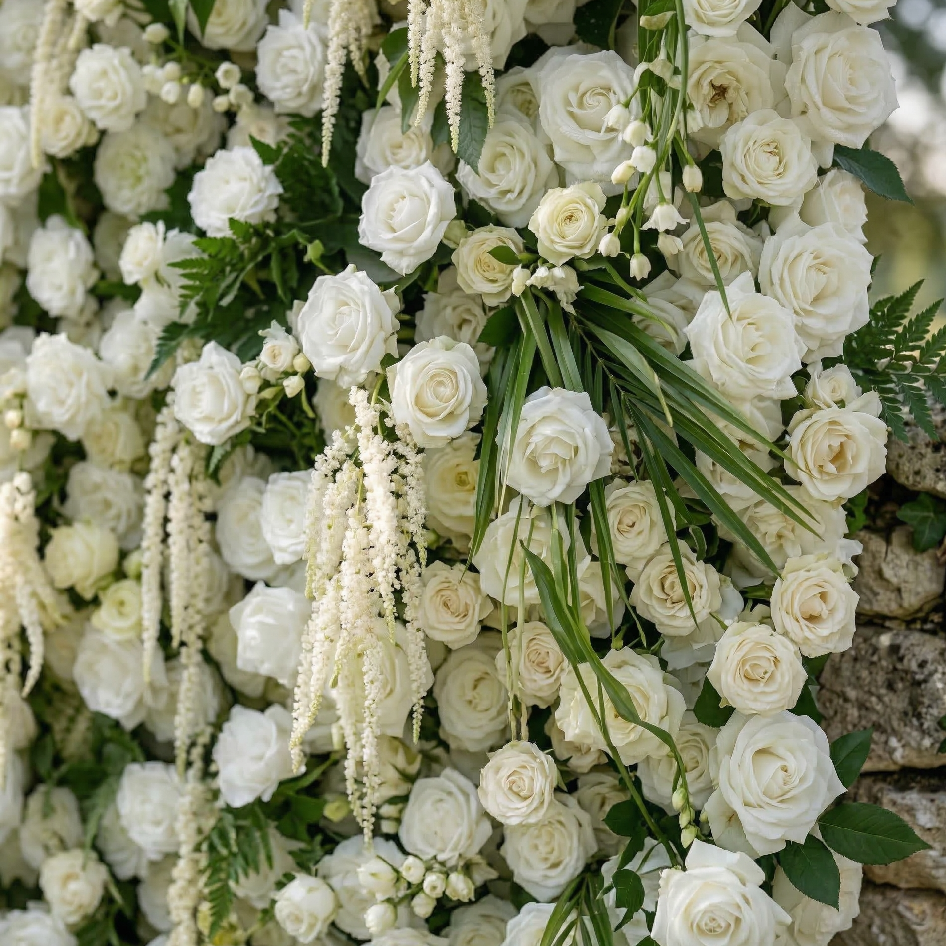 Elunara: 5D White Rose Flower Wall with Drooping Foliage Roll-Up Fabric Backdrop for Luxury Events Decor