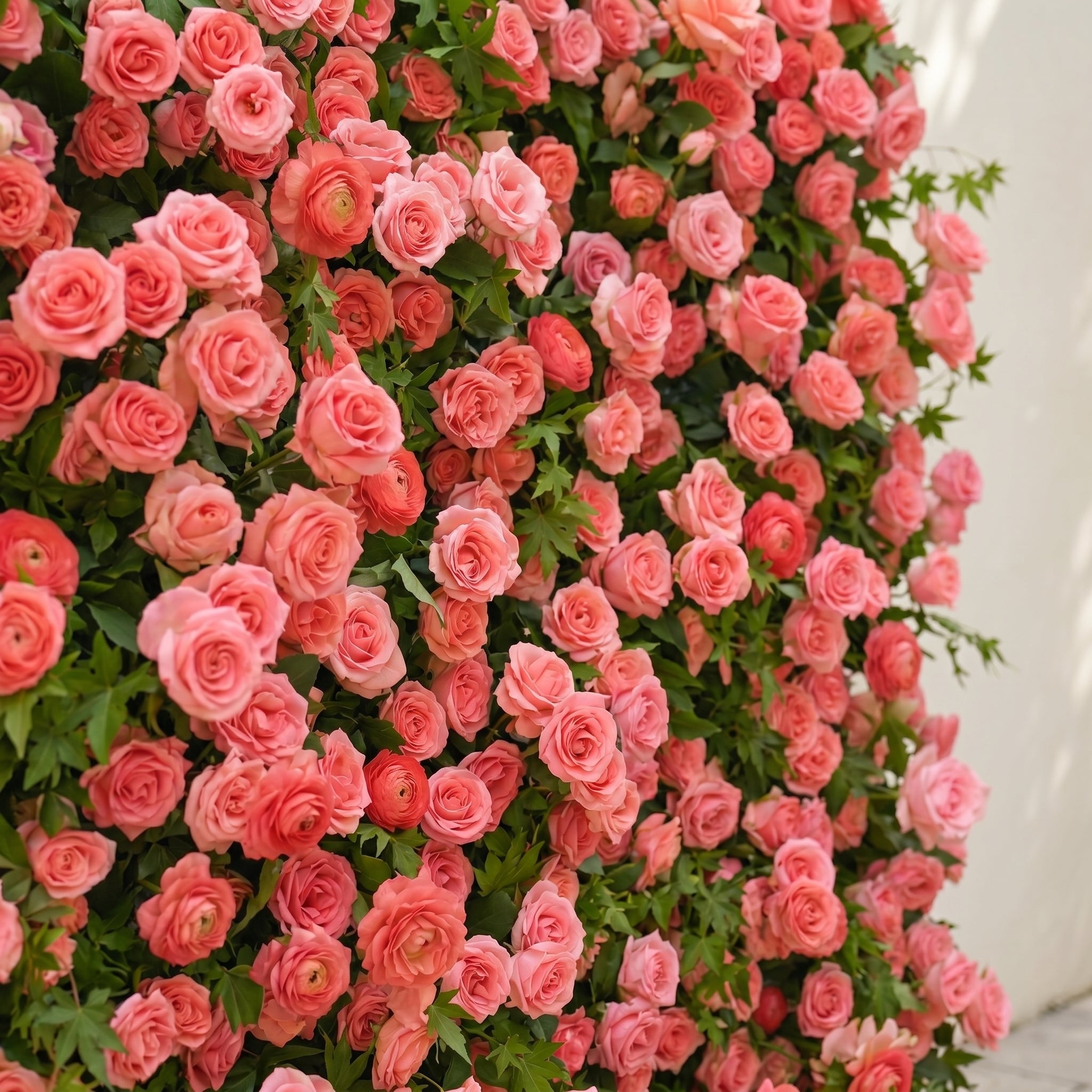 Elvenlena:Premium 5D Bright Coral Floral Wall with Greenery Roll-Up Backdrop for Cheerful Outdoor Garden Events