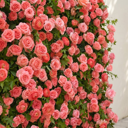 Elvenlena:Premium 5D Bright Coral Floral Wall with Greenery Roll-Up Backdrop for Cheerful Outdoor Garden Events