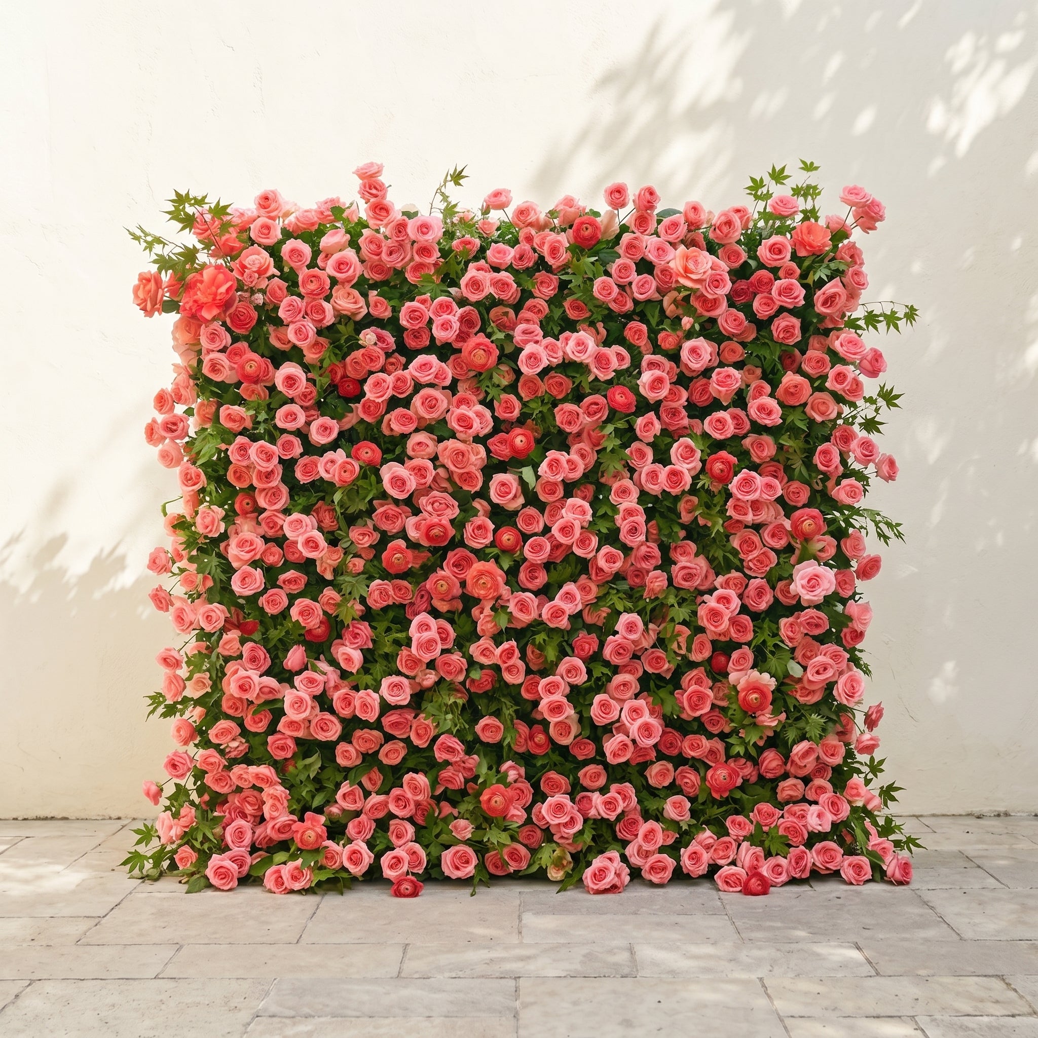 Elvenlena:Premium 5D Bright Coral Floral Wall with Greenery Roll-Up Backdrop for Cheerful Outdoor Garden Events