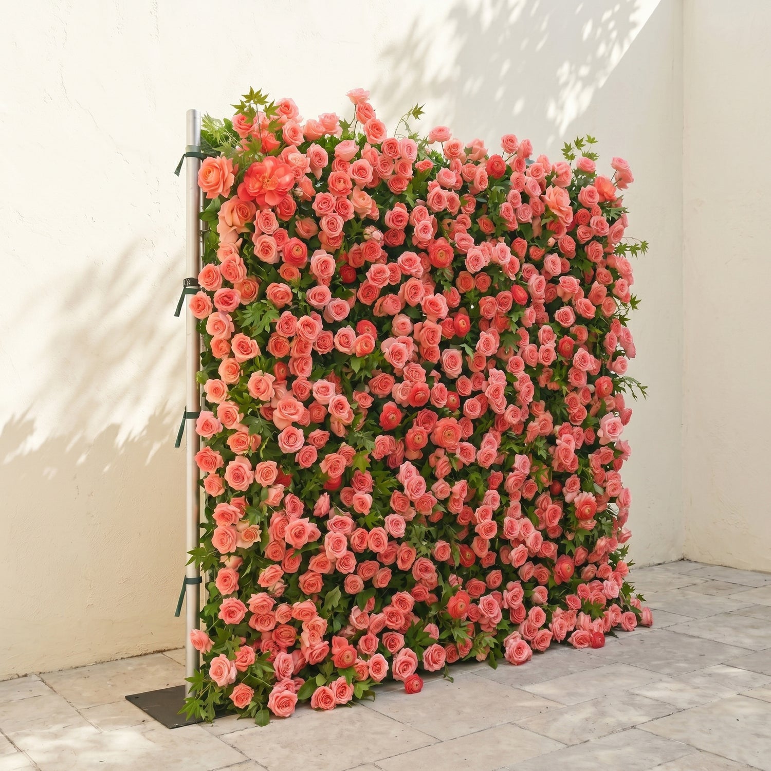 Elvenlena:Premium 5D Bright Coral Floral Wall with Greenery Roll-Up Backdrop for Cheerful Outdoor Garden Events