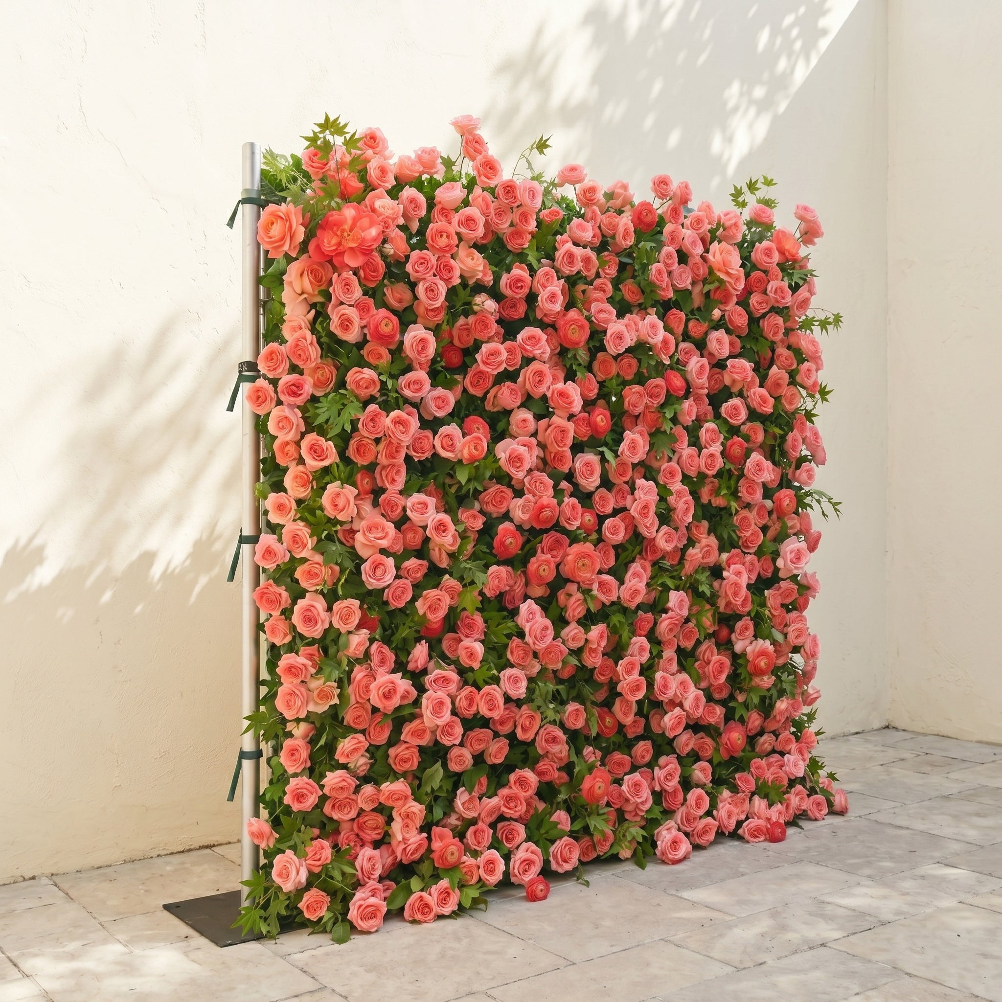 Elvenlena:Premium 5D Bright Coral Floral Wall with Greenery Roll-Up Backdrop for Cheerful Outdoor Garden Events