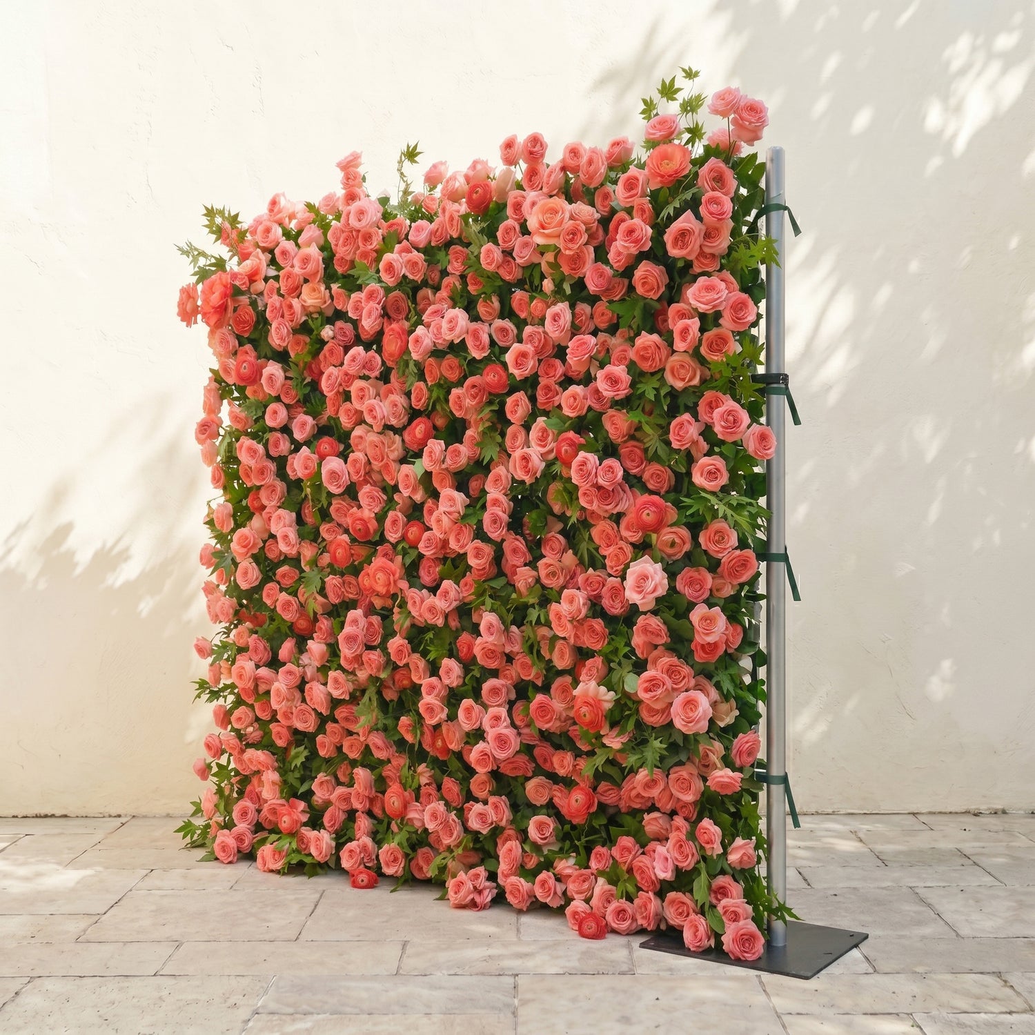 Elvenlena:Premium 5D Bright Coral Floral Wall with Greenery Roll-Up Backdrop for Cheerful Outdoor Garden Events